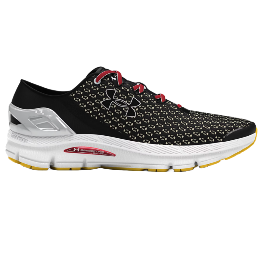 Under Armour SpeedForm Gemini shoes feature a black upper with a patterned design, white sole, red accents, and the Under Armour logo prominently displayed. They're designed for running, providing cushioning and support.