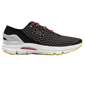 Under Armour SpeedForm Gemini shoes feature a black upper with a patterned design, white sole, red accents, and the Under Armour logo prominently displayed. They're designed for running, providing cushioning and support.