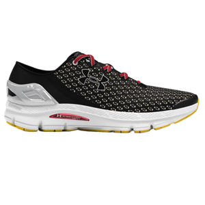 Under Armour SpeedForm Gemini shoes feature a black upper with a patterned design, white sole, red accents, and the Under Armour logo prominently displayed. They're designed for running, providing cushioning and support.