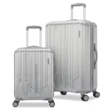Two silver suitcases with vertical line designs, featuring telescopic handles and four-wheel spinners.