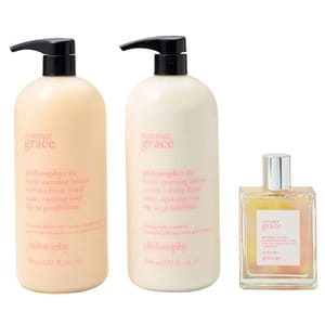 Three Philosophy \“Summer Grace\“ products are displayed: two large bottles with pumps labeled as 946 ml, and a smaller perfume bottle.