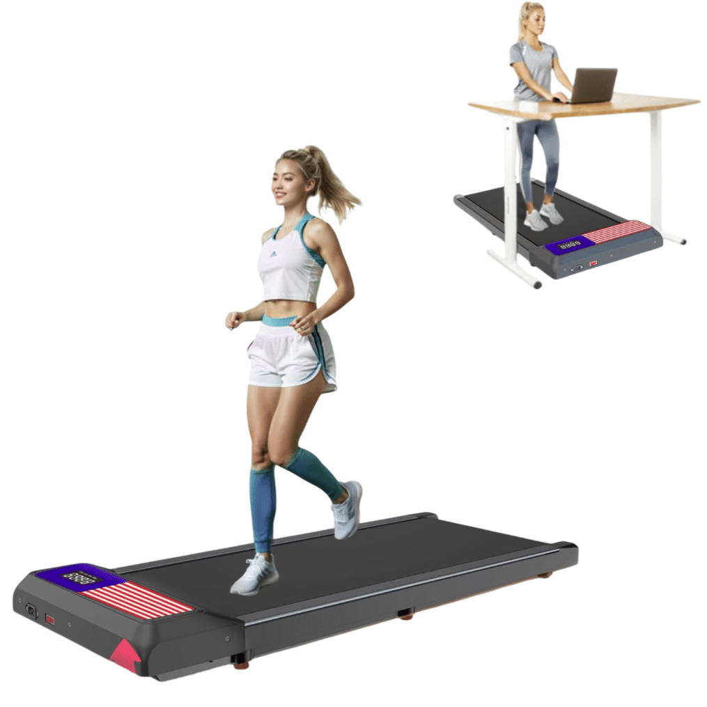 A foldable treadmill shown at a 3% incline is depicted, highlighting versatility for home workouts and as a walking desk accessory.