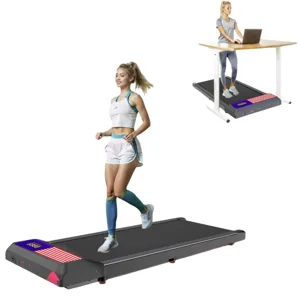 A foldable treadmill shown at a 3% incline is depicted, highlighting versatility for home workouts and as a walking desk accessory.