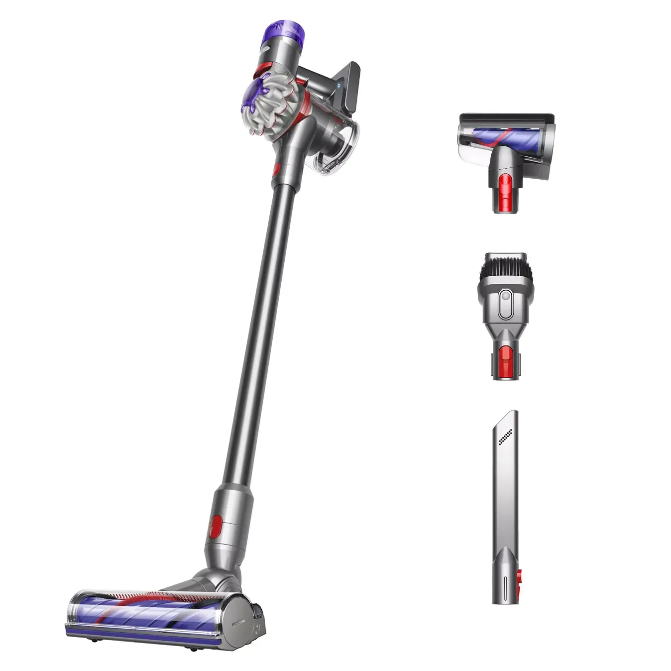 Cordless stick vacuum cleaner with three attachments: a motorized brush head, a combination tool, and a crevice tool.