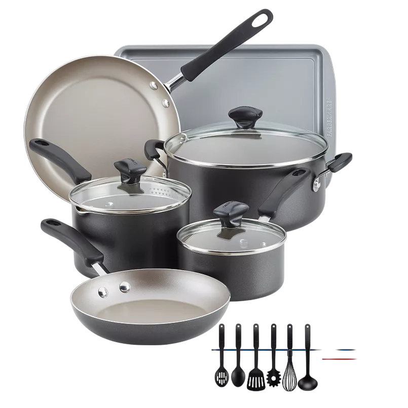 Cookware set including two frying pans, three lidded saucepans, a stockpot, a baking sheet, and six kitchen tools such as spoons, slotted turner, whisk, and pasta server.