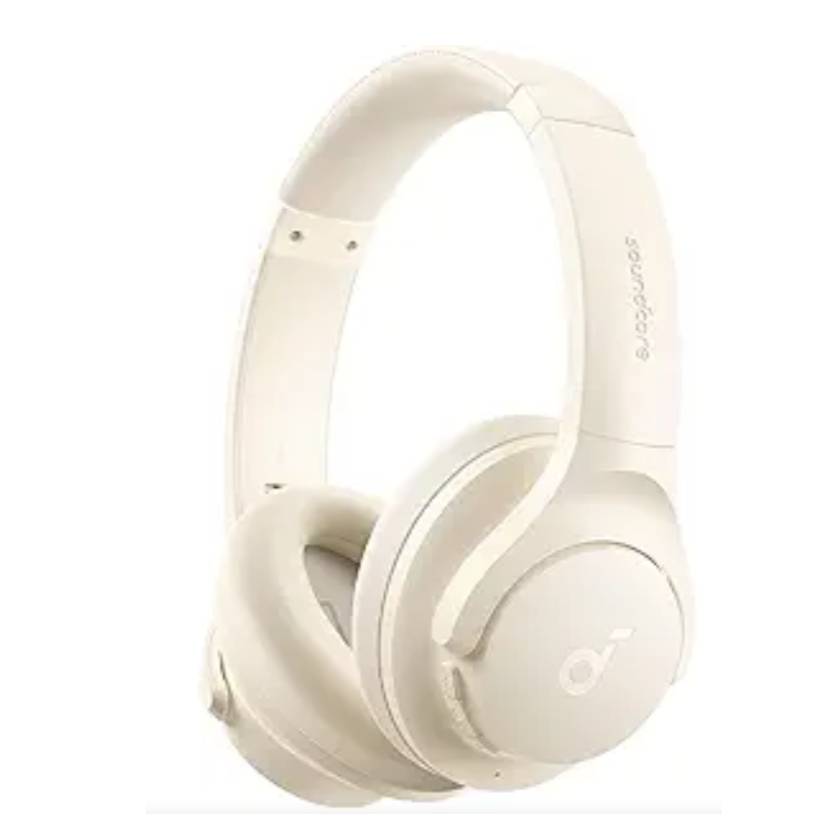 A pair of white over-ear headphones with the brand name \“Soundcore\“ visible on the headband.