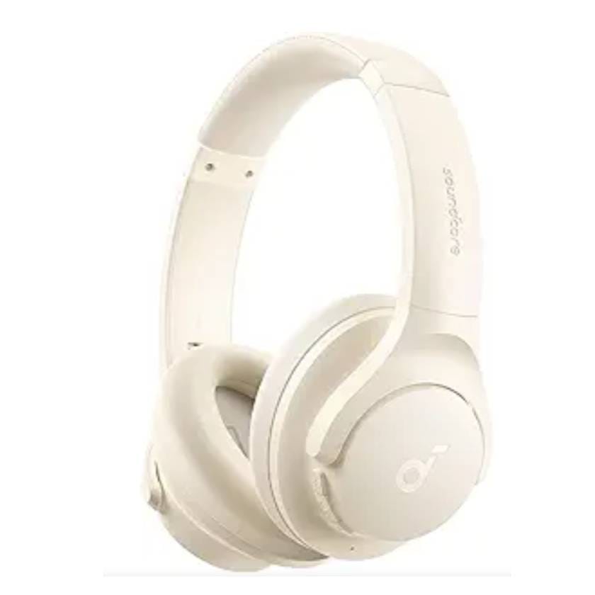 A pair of white over-ear headphones with the brand name \“Soundcore\“ visible on the headband.