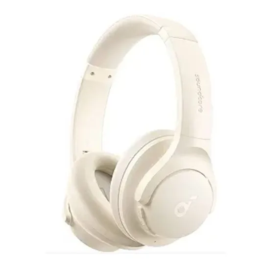 A pair of white over-ear headphones with the brand name \āSoundcore\ā visible on the headband.