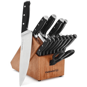 Knife block set with various knives and kitchen scissors, featuring black handles and a wooden block labeled \“Calphalon\“.