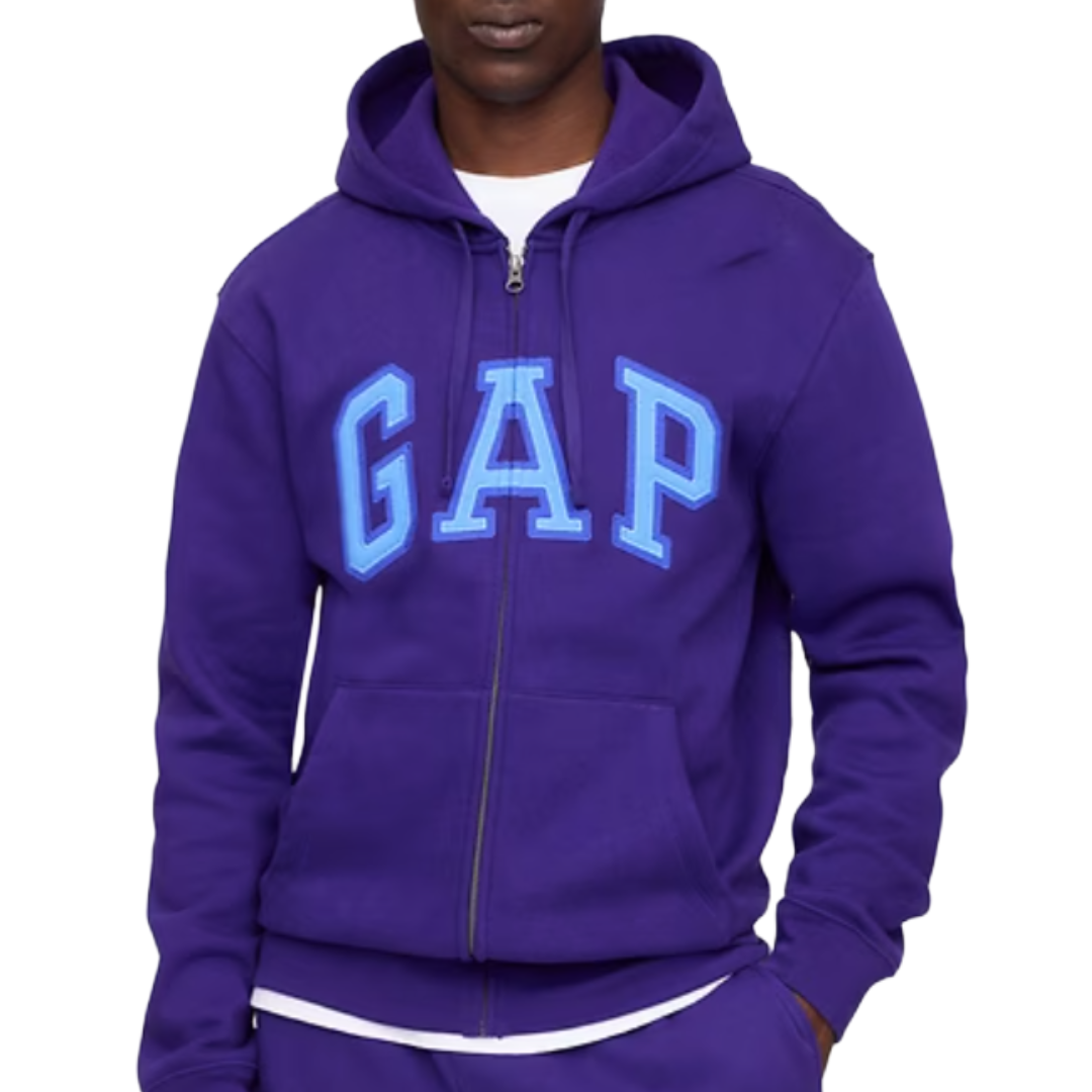 A purple GAP hoodie with a front zipper and blue lettering, worn over a white shirt.