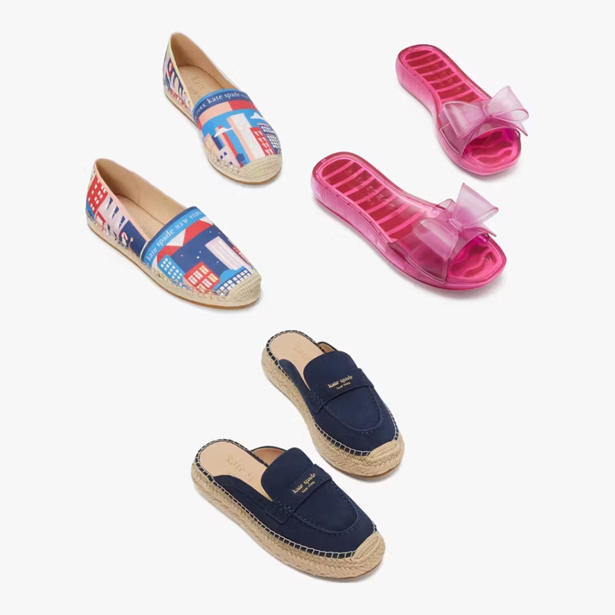 Three pairs of women's shoes: two slip-on espadrilles, one with a cityscape print, one navy blue, and one pair of pink jelly sandals with a bow.