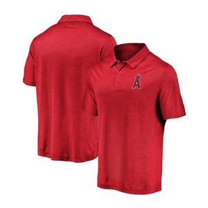 Red polo shirt with a small \“A\“ logo featuring a halo on the chest, shown from front and back angles.