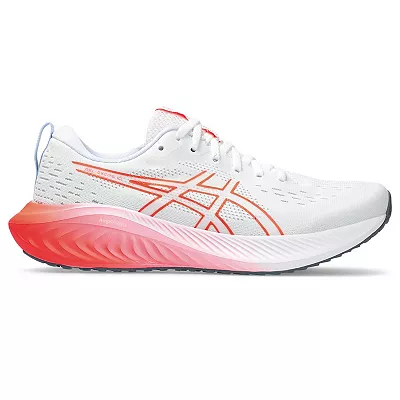 White Asics Gel-Excite 10 running shoes with an orange gradient on the sole and Asics branding on the sides.