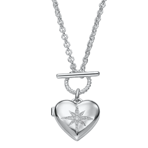 A silver heart locket necklace features a star design embellished with small crystals and includes a T-bar clasp on a chain.