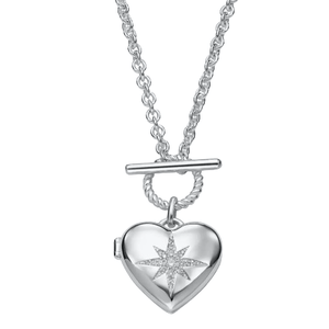 A silver heart locket necklace features a star design embellished with small crystals and includes a T-bar clasp on a chain.