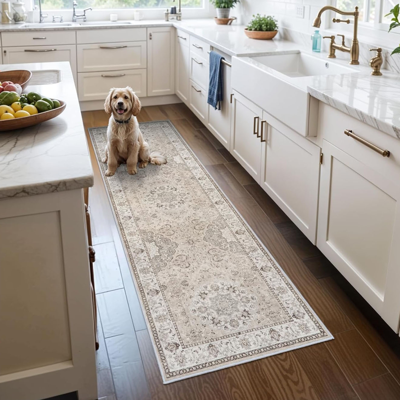 A beige patterned kitchen runner rug is on a wooden floor, with a dog sitting on it. The kitchen features white cabinets, a marble countertop, and a farmhouse sink with brass fixtures.