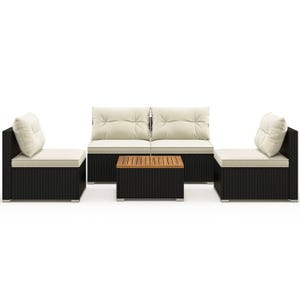 A modern outdoor sectional sofa set with beige cushions, featuring a black wicker base and a central wooden coffee table.
