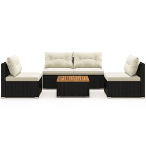 A modern outdoor sectional sofa set with beige cushions, featuring a black wicker base and a central wooden coffee table.
