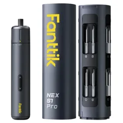 Fanttik NEX S1 Pro, an electric screwdriver with a cylindrical storage case, features multiple interchangeable bits neatly housed in slots on the side.