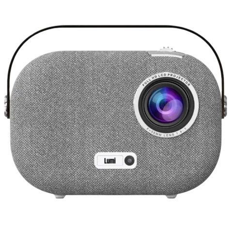 A portable LCD projector with a fabric finish, carrying handle, and labeled as \“Lumi,\“ featuring a prominent lens on the front.