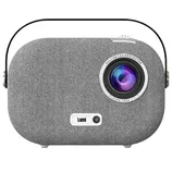 A portable LCD projector with a fabric finish, carrying handle, and labeled as \“Lumi,\“ featuring a prominent lens on the front.