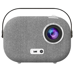 A portable LCD projector with a fabric finish, carrying handle, and labeled as \“Lumi,\“ featuring a prominent lens on the front.