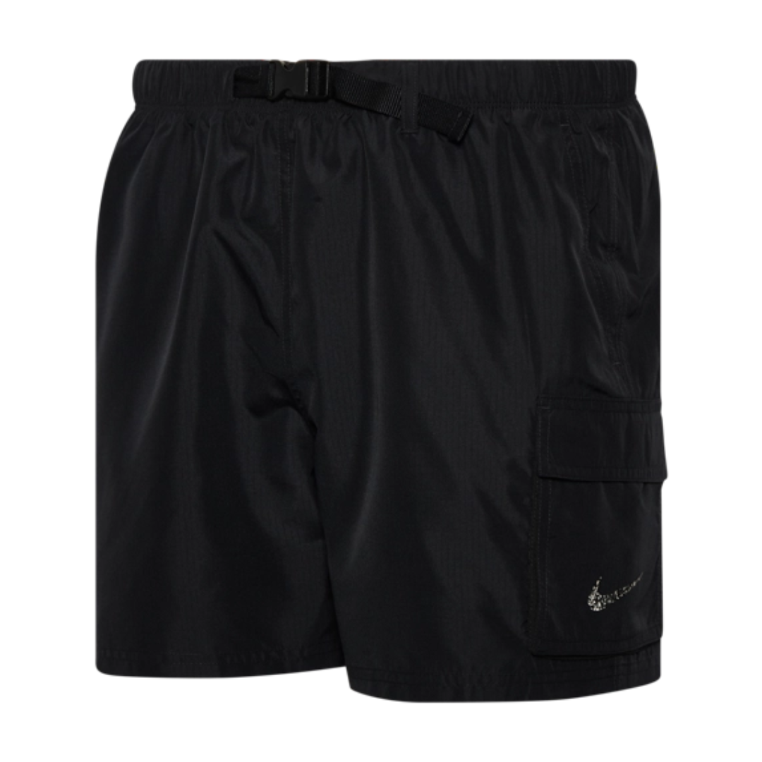 Black athletic shorts with an elastic waistband, adjustable belt, side pockets, and a cargo pocket featuring a small logo.