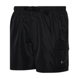 Black athletic shorts with an elastic waistband, adjustable belt, side pockets, and a cargo pocket featuring a small logo.