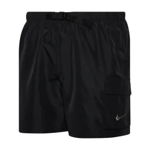 Black athletic shorts with an elastic waistband, adjustable belt, side pockets, and a cargo pocket featuring a small logo.