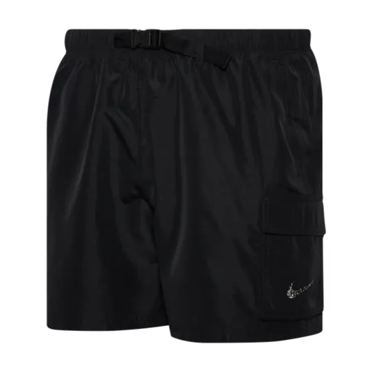 Black athletic shorts with an elastic waistband, adjustable belt, side pockets, and a cargo pocket featuring a small logo.