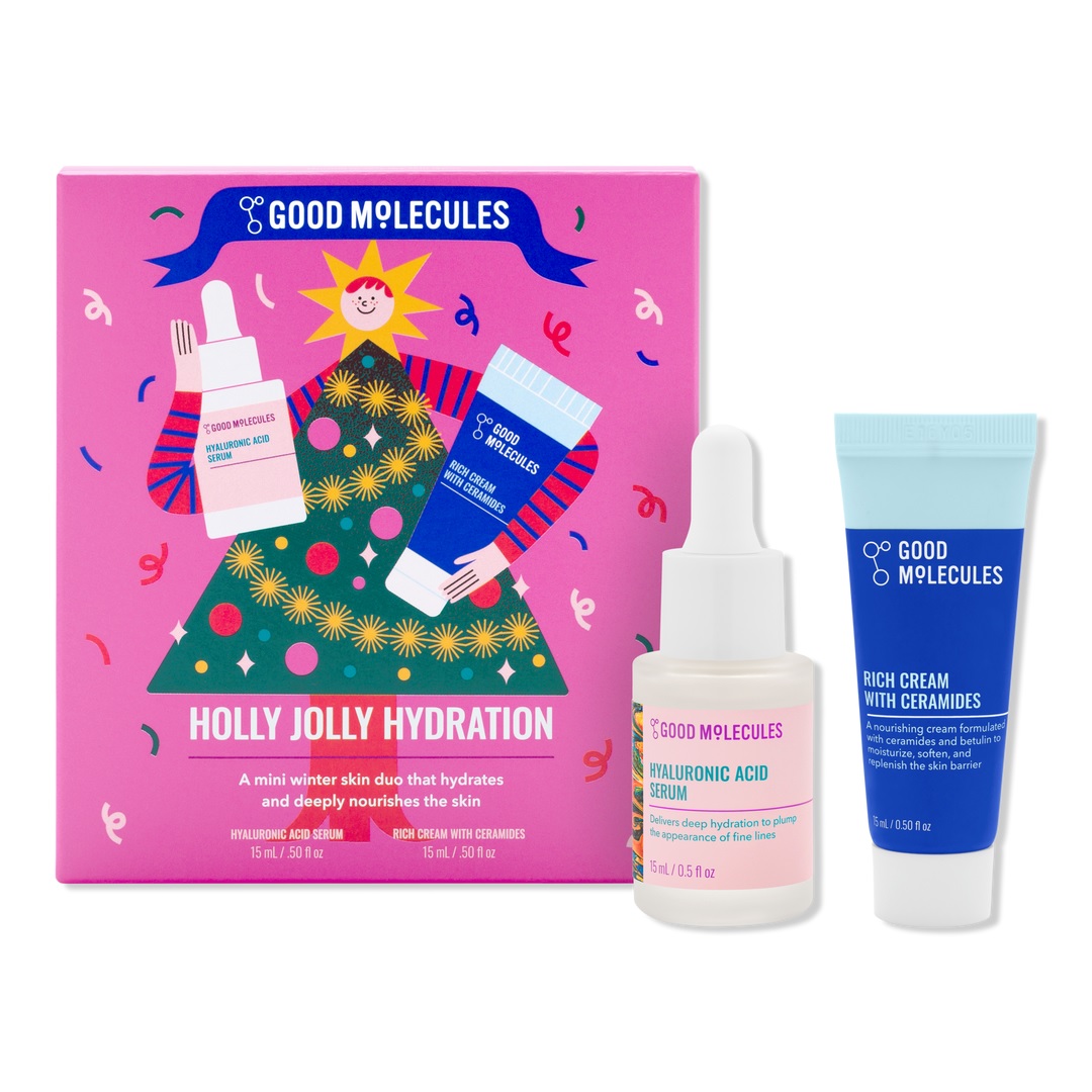 Good Molecules Holly Jolly Hydration set includes a 15 ml hyaluronic acid serum and a 15 ml rich cream with ceramides.