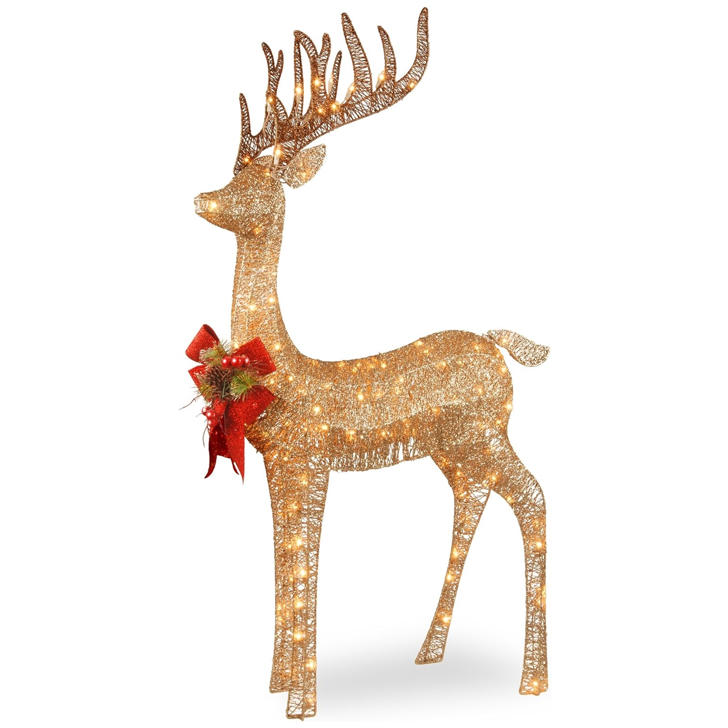 A 4-foot tall lit outdoor deer with a golden mesh design, adorned with a red bow and greenery, featuring integrated lights throughout for a festive display.