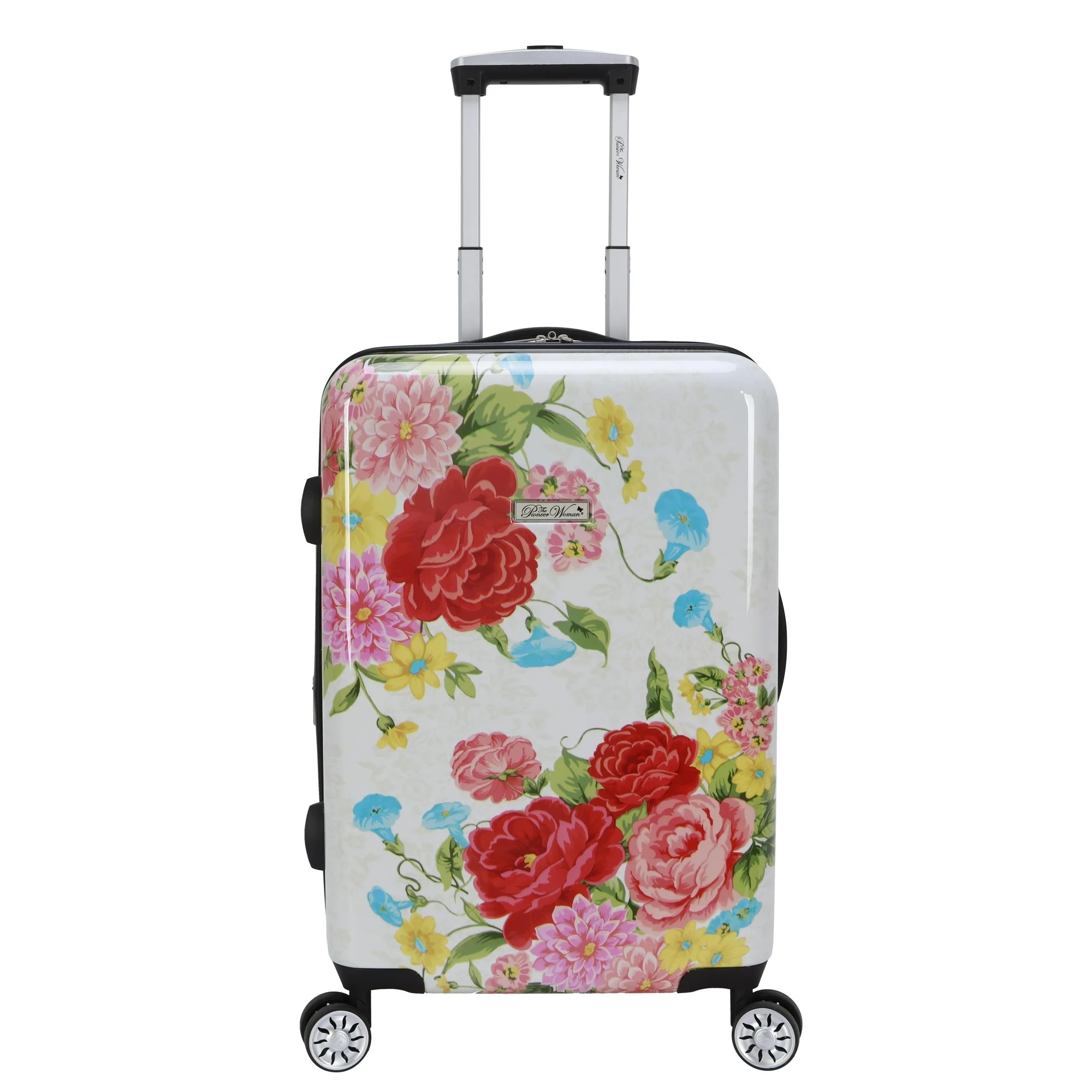 A floral-patterned hard-shell suitcase with a retractable handle and four spinner wheels, featuring a vibrant design of red, pink, yellow, and blue flowers.