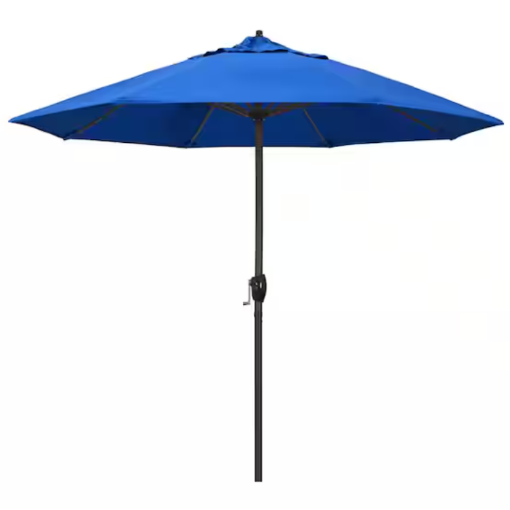 Blue patio umbrella with a black pole and crank handle for opening and closing.