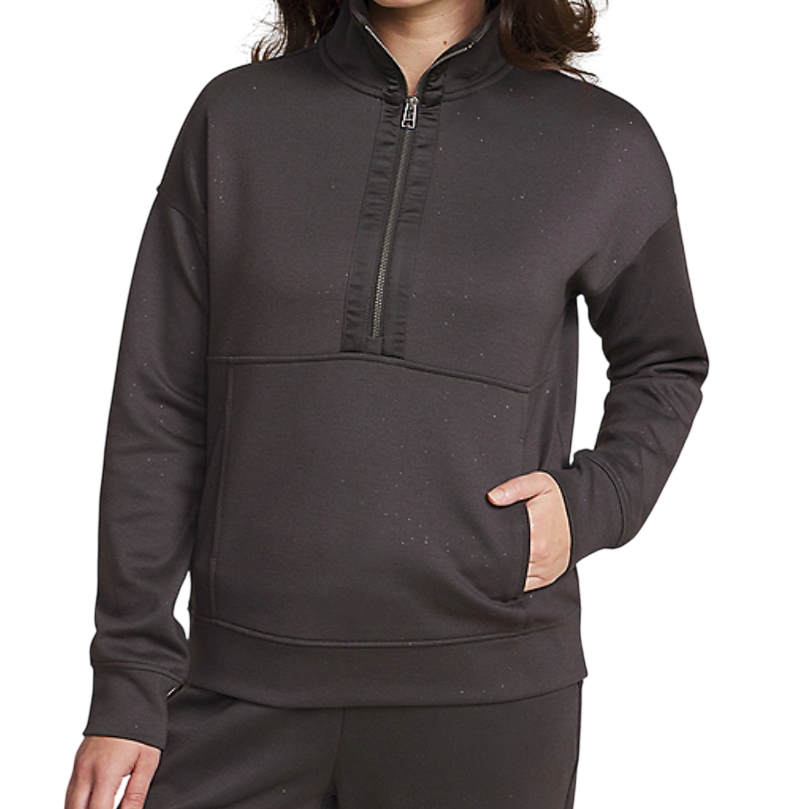 A dark, long-sleeve pullover sweatshirt with a high collar and a half-zip design. It has a single front pocket and a relaxed fit.