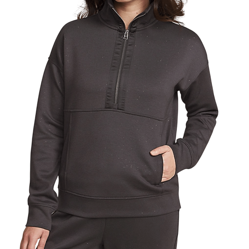 A dark, long-sleeve pullover sweatshirt with a high collar and a half-zip design. It has a single front pocket and a relaxed fit.