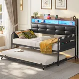 Trundle bed with a metal frame, cushioned headboard, built-in shelves with LED lights, and an attached side pocket organizer.