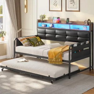 Trundle bed with a metal frame, cushioned headboard, built-in shelves with LED lights, and an attached side pocket organizer.