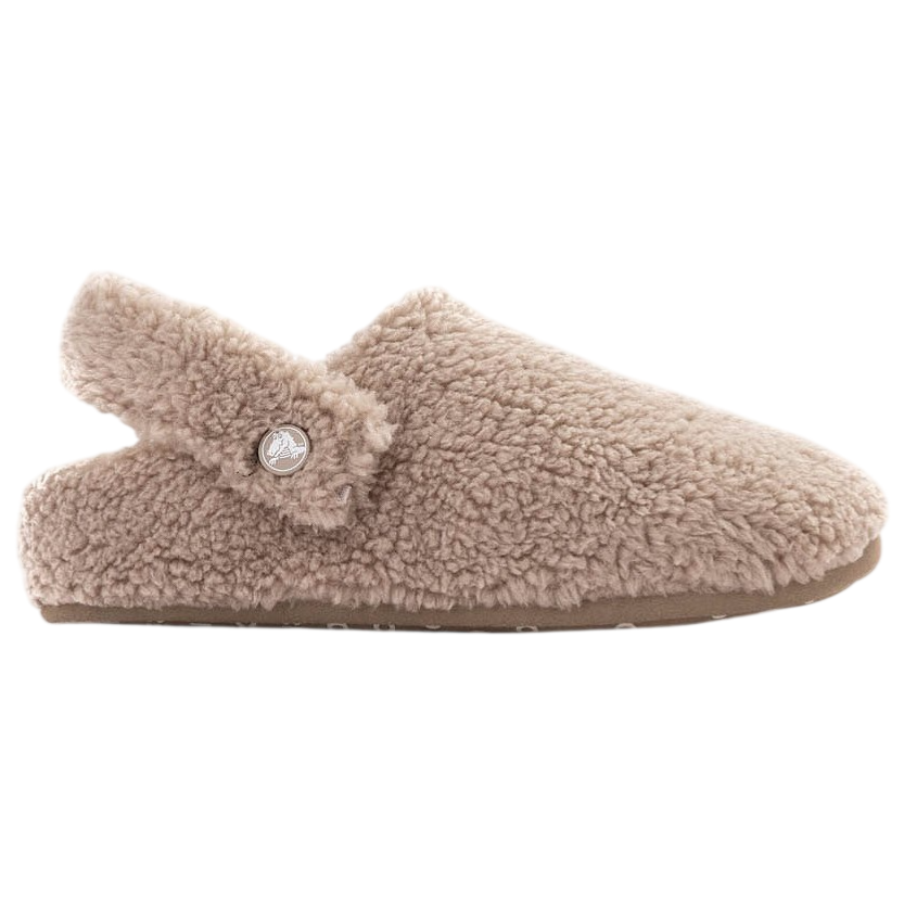 A cozy, beige, shearling-lined slipper with a strap and a small decorative button, designed for warmth and comfort.