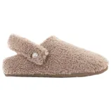 A cozy, beige, shearling-lined slipper with a strap and a small decorative button, designed for warmth and comfort.