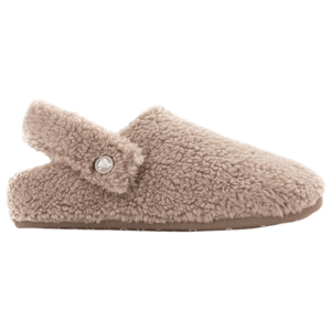A cozy, beige, shearling-lined slipper with a strap and a small decorative button, designed for warmth and comfort.