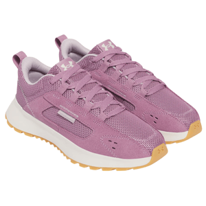 Purple athletic sneakers with mesh and suede upper, white midsoles, and gum rubber outsoles.