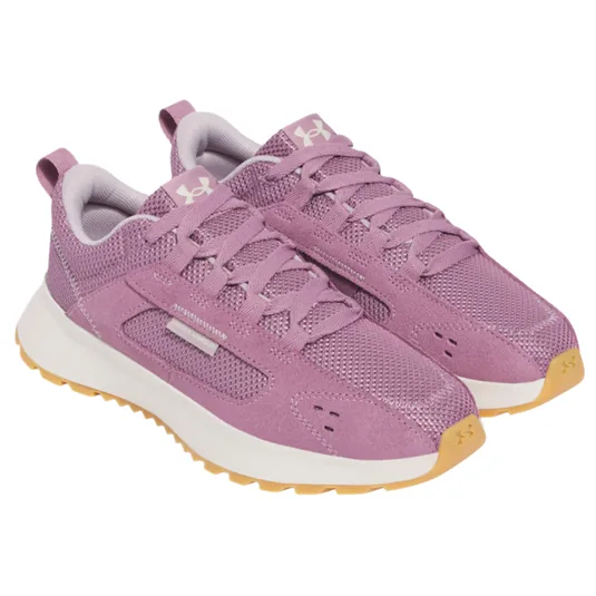 Purple athletic sneakers with mesh and suede upper, white midsoles, and gum rubber outsoles.
