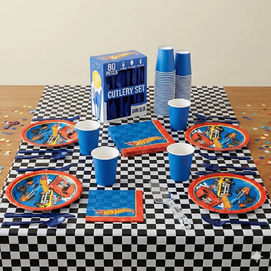 A party setup with a racing theme includes checkered tablecloth, Hot Wheels plates, napkins, blue cups, and dark blue cutlery.