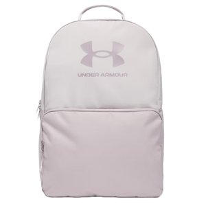 A light grey Under Armour Essential Backpack featuring a large logo and brand name on the upper section, with a spacious zippered front pocket and a sturdy top handle.