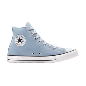 Light blue high-top Converse All Star sneakers with white rubber soles and toe caps, featuring the signature round logo patch on the side and white laces.