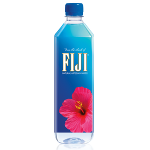 FIJI Water bottle featuring natural artesian water, with a blue background and a pink hibiscus flower.