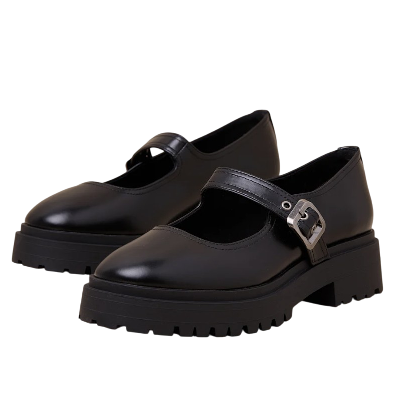 Black Mary Jane shoes with chunky soles and a strap featuring a metal buckle.