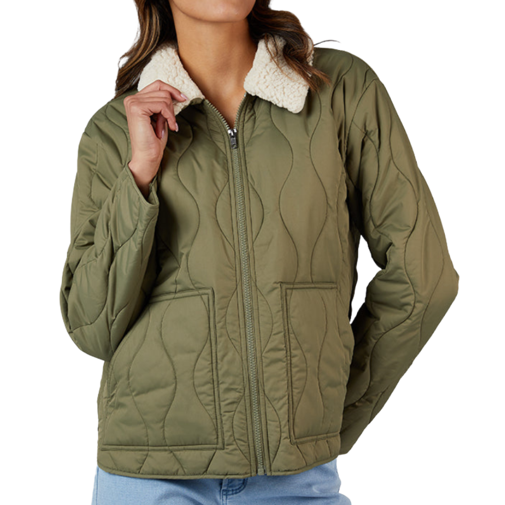 Olive green quilted jacket with a full zip front, two pockets, and a white sherpa collar, worn over light blue jeans.