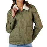 Olive green quilted jacket with a full zip front, two pockets, and a white sherpa collar, worn over light blue jeans.